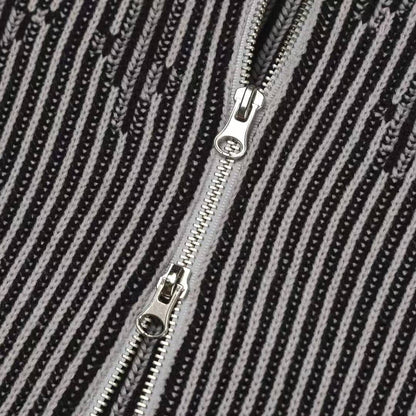 【Unisex】條紋雙拉鍊針織外套 Striped Double-Zip Knit Jacket