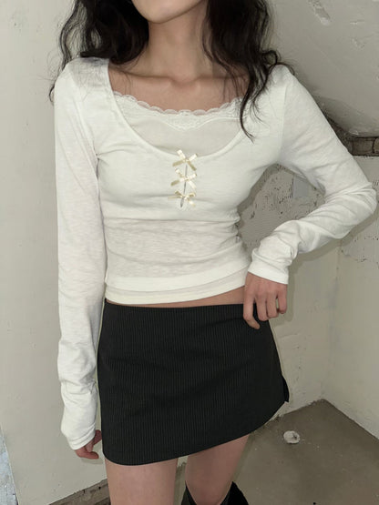 蕾絲蝴蝶結假兩件長袖 Lace Bow Faux Two-Piece Long Sleeve Top