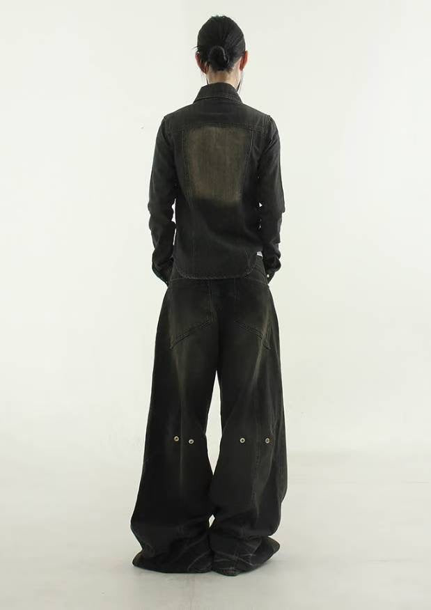 【Unisex】鈕扣彎刀牛仔褲  Button Barrel-leg Jeans