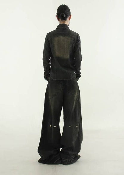 【Unisex】鈕扣彎刀牛仔褲  Button Barrel-leg Jeans