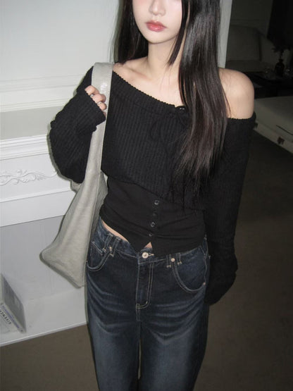 針織修身一字肩 Knit Off-Shoulder Fitted Top