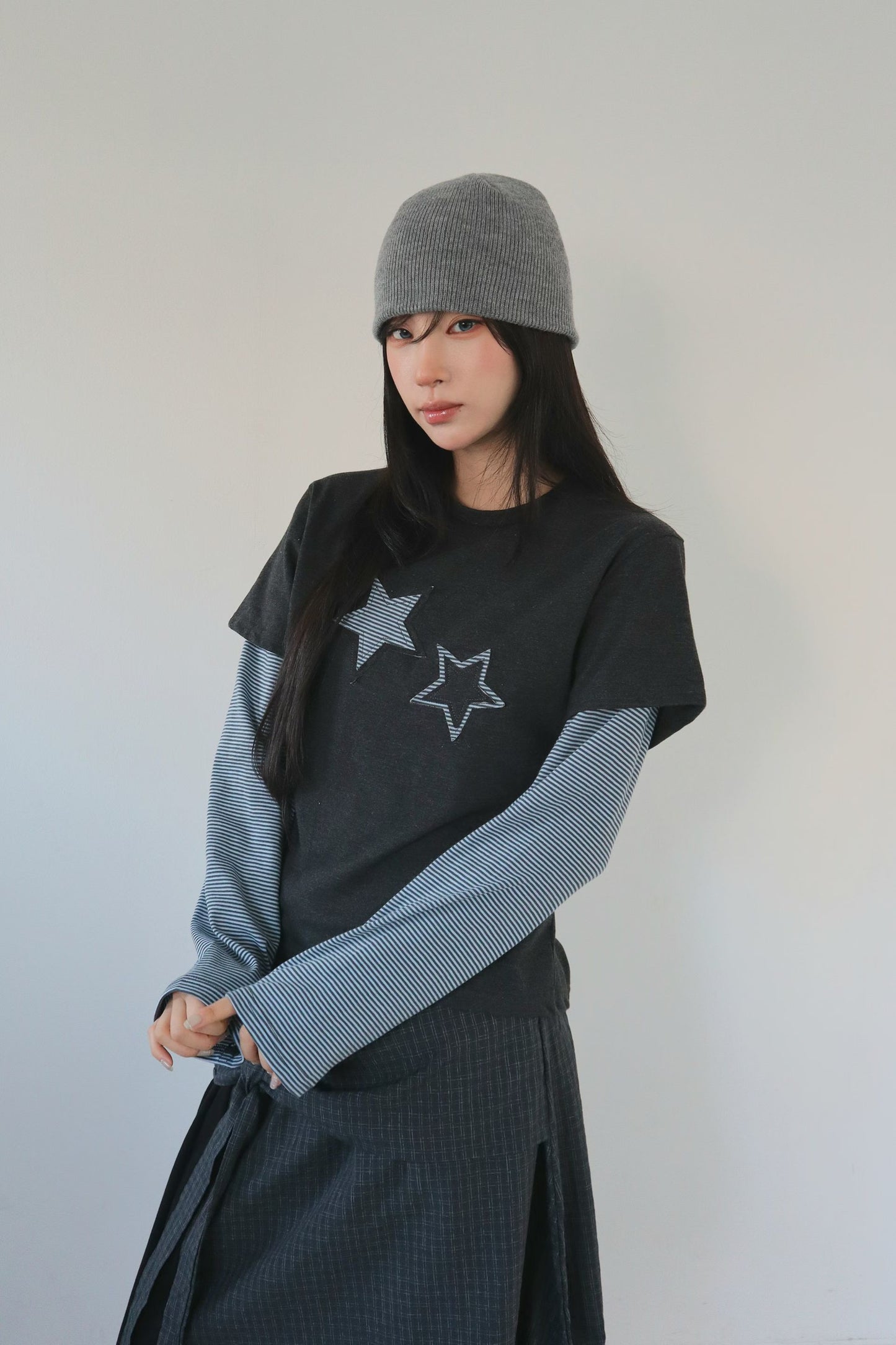 星星條紋假兩件上衣 Star Striped Faux Two-Piece Top