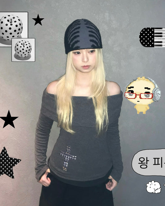 鉚釘十字架一字肩 Rivet Cross One-Shoulder Top