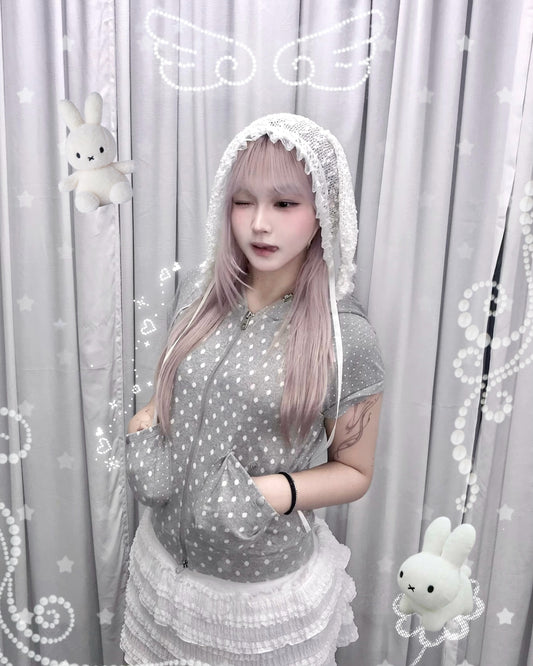 波點拉鍊連帽短袖 Polka Dot Zip-up Short Sleeve Hoodie