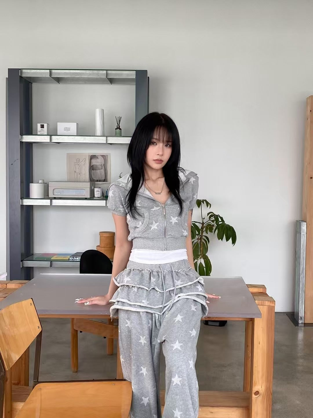 星星印花連帽短袖上衣 Star Print Hooded Short Sleeve Top