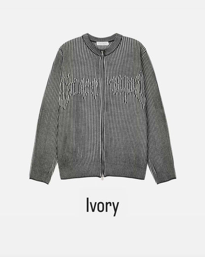 【Unisex】條紋雙拉鍊針織外套 Striped Double-Zip Knit Jacket