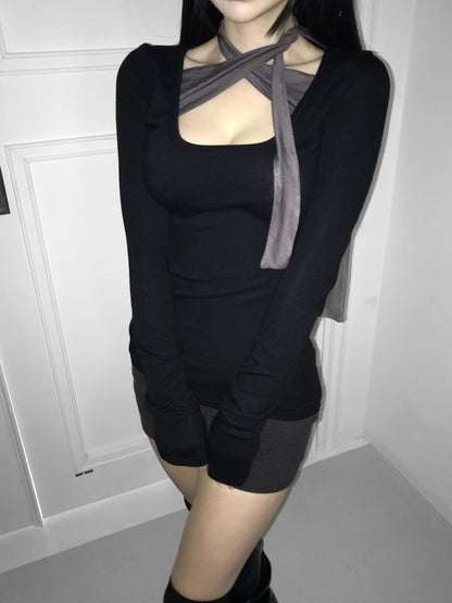 掛頸鏤空長袖上衣 Halter Neck Hollow Out Long Sleeve Top