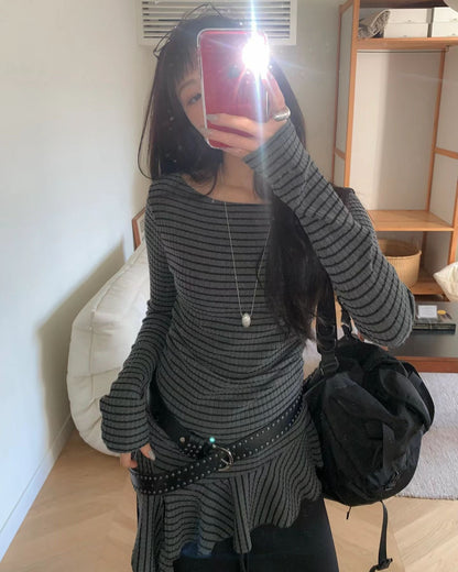 條紋不規則下擺長袖上衣 Striped Asymmetrical Hem Long Sleeve Top