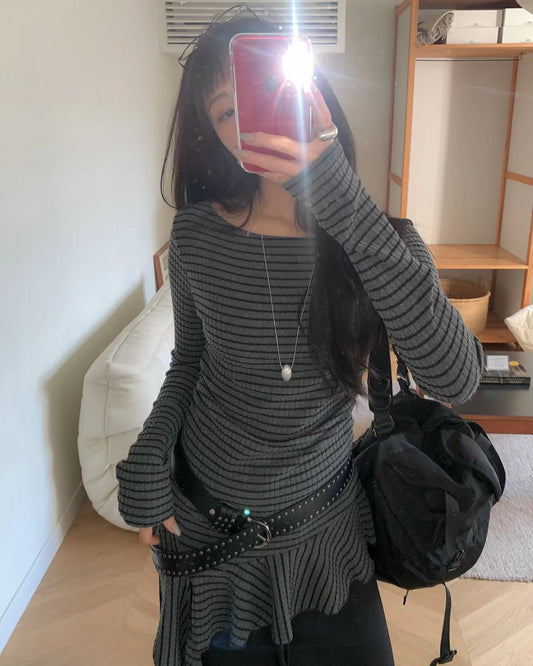 條紋不規則下擺長袖上衣 Striped Asymmetrical Hem Long Sleeve Top