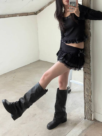 假兩件方領長袖上衣  Square Neck Fake Two-Piece Long-Sleeved Top