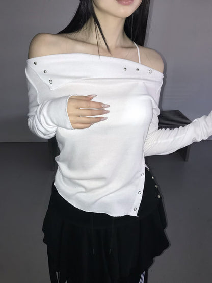不對稱開衩露肩上衣 Asymmetrical Hem Off-Shoulder Top