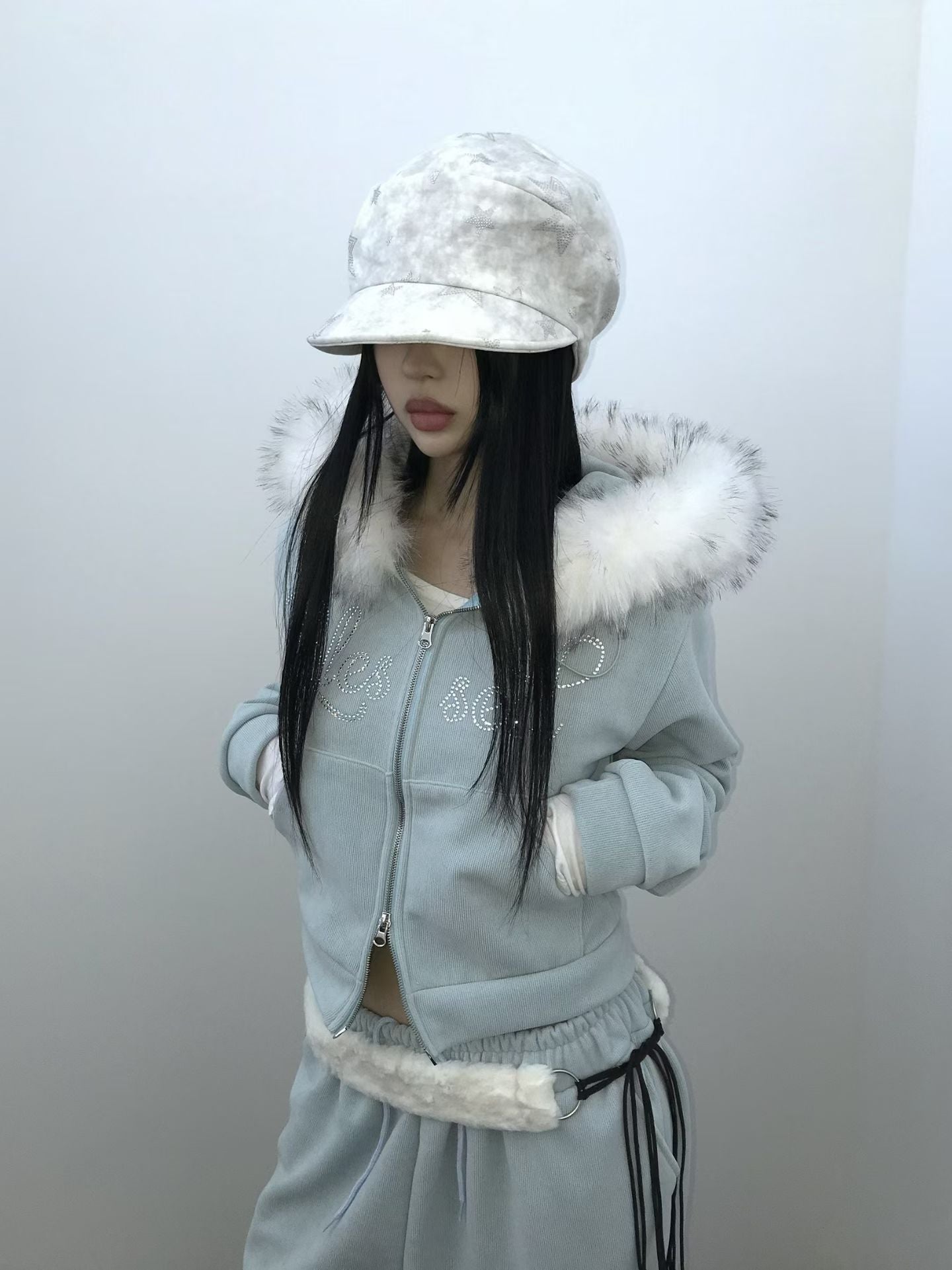 毛領水鑽衛衣外套 Faux Fur Trim Rhinestone Zip-Up Hoodie
