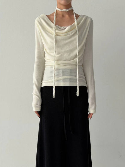 蕾絲蕩領掛頸長袖 Lace halter-neck long-sleeve top