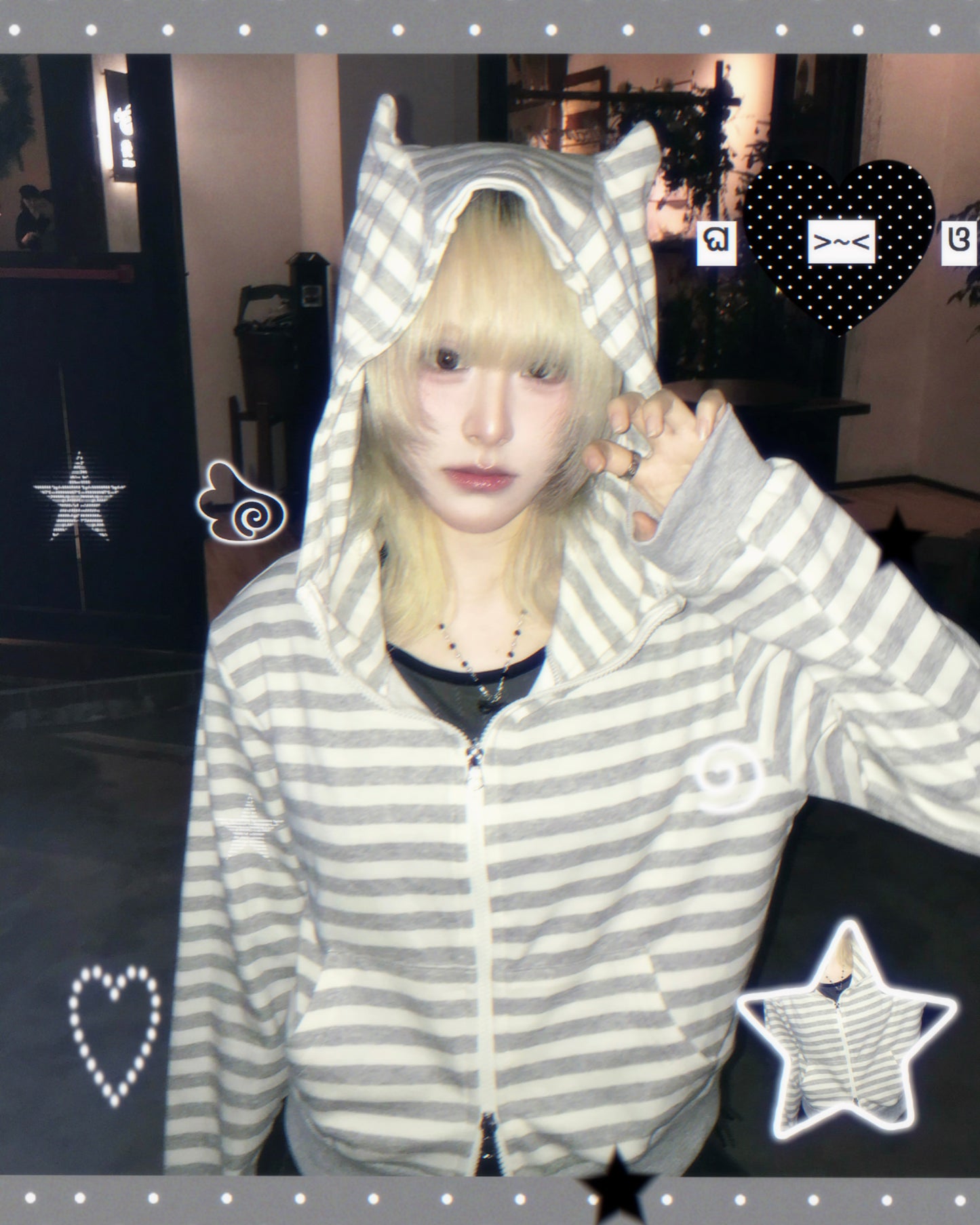 貓耳條紋雙拉鍊外套 Cat Ear Stripe Double Zip Jacket