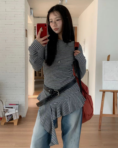 條紋不規則下擺長袖上衣 Striped Asymmetrical Hem Long Sleeve Top