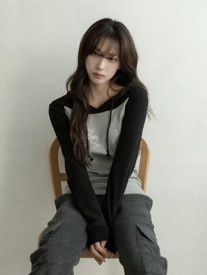 露肩拼色連帽衛衣 Off-Shoulder Color Block Hoodie