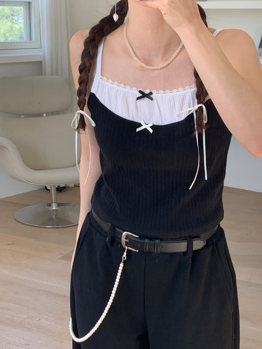 蝴蝶結蕾絲假兩件吊帶 Bow Lace Fake Two-Piece Cami Top