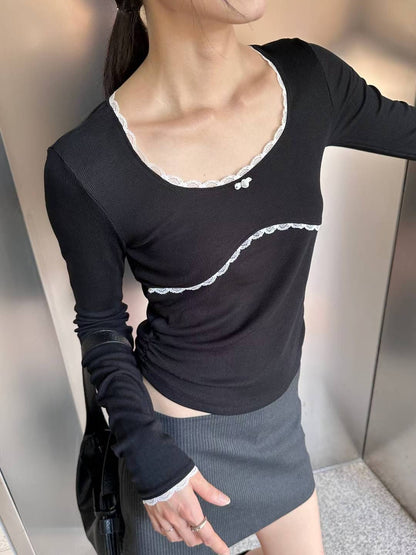 圓領蕾絲皺摺長袖上衣 Round-neck Lace Ruffle Long Sleeves Blouse