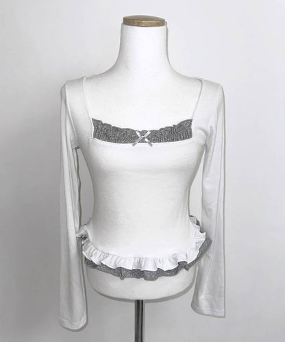 假兩件方領長袖上衣  Square Neck Fake Two-Piece Long-Sleeved Top