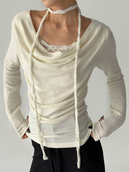 蕾絲蕩領掛頸長袖 Lace halter-neck long-sleeve top