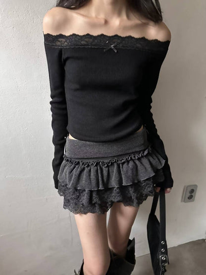 蕾絲蝴蝶結一字肩長袖上衣Lace Bow One-Shoulder Long-Sleeved Top