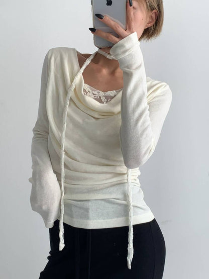 蕾絲蕩領掛頸長袖 Lace halter-neck long-sleeve top