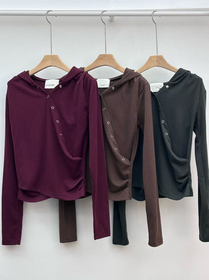 交叉V領釘釦連帽上衣 Crossover V-neck Buttoned Hooded Top