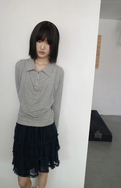 蕩領鈕扣長袖上衣 Cowl NecK Long-Sleeved Button top