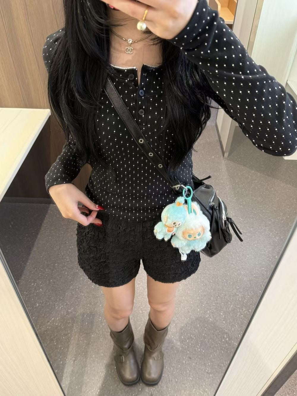 波點鈕扣長袖上衣 Polka Dot Button Long Sleeve Top