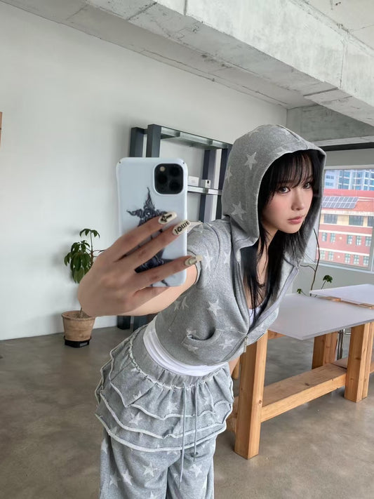 星星印花連帽短袖上衣 Star Print Hooded Short Sleeve Top