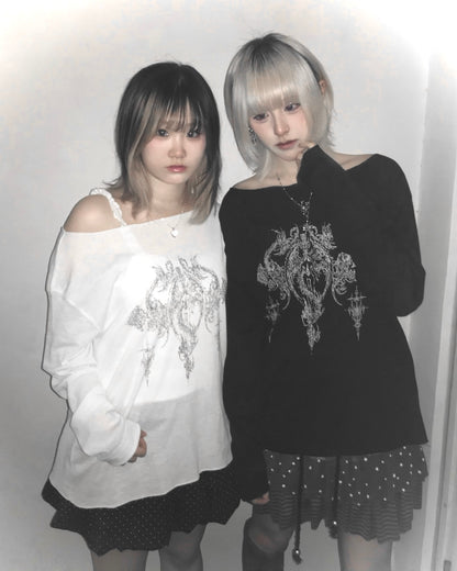 手繪印花露肩罩衫 Totem Print Off Shoulder Blouse