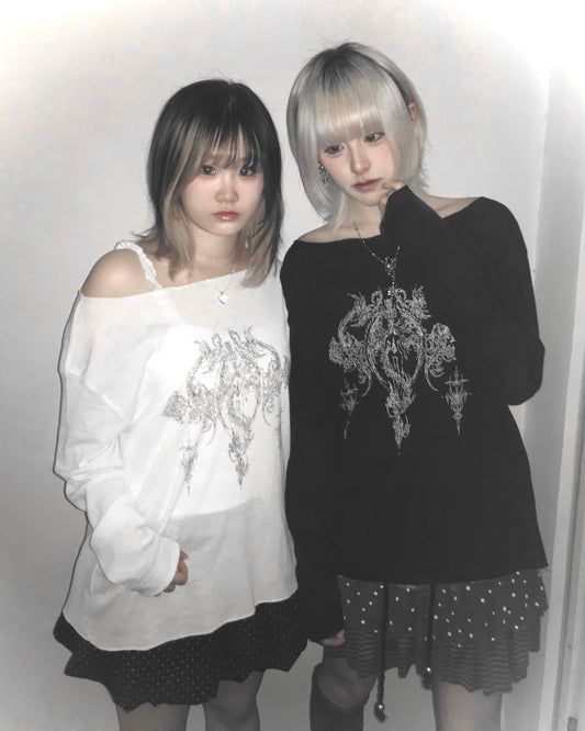 手繪印花露肩罩衫 Totem Print Off Shoulder Blouse