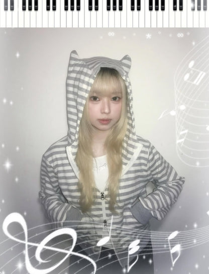 貓耳條紋雙拉鍊外套 Cat Ear Stripe Double Zip Jacket