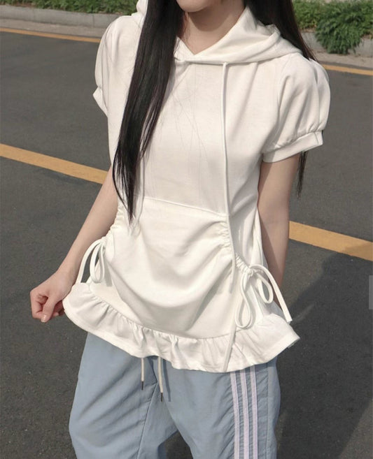 連帽荷葉邊裙擺短袖 Hooded T-shirt with Ruffle Skirt Hem