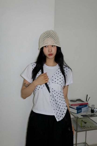 復古波點假兩件短袖 Polka Dot Faux Two-Piece Short Sleeve Top