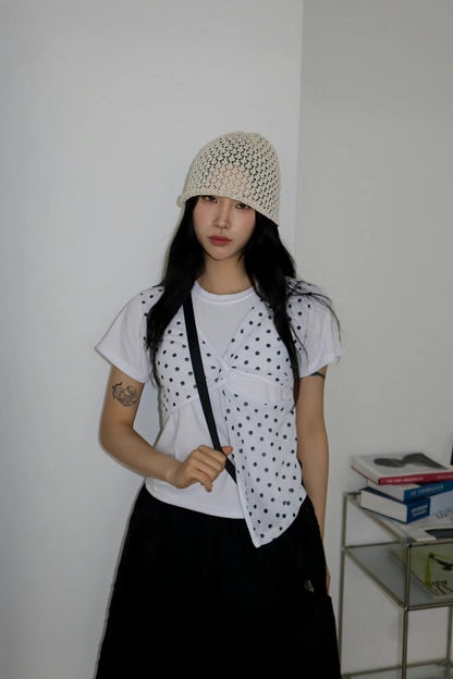 復古波點假兩件短袖 Polka Dot Faux Two-Piece Short Sleeve Top