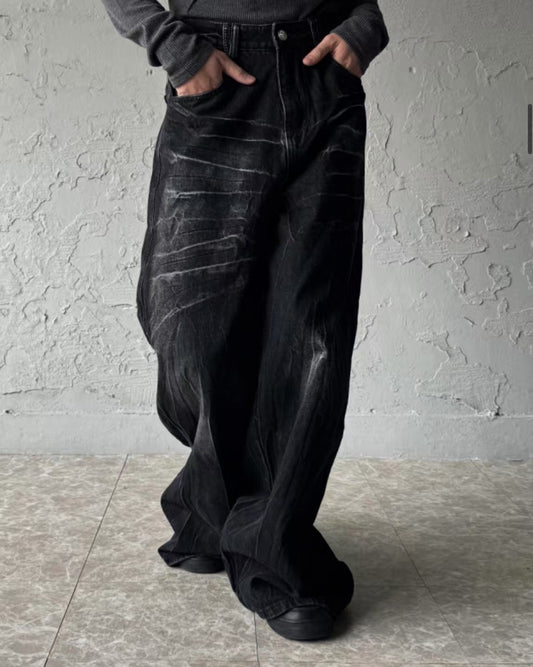 【Unisex】黑色水洗牛仔寬褲 Black Washed Denim Wide Pants