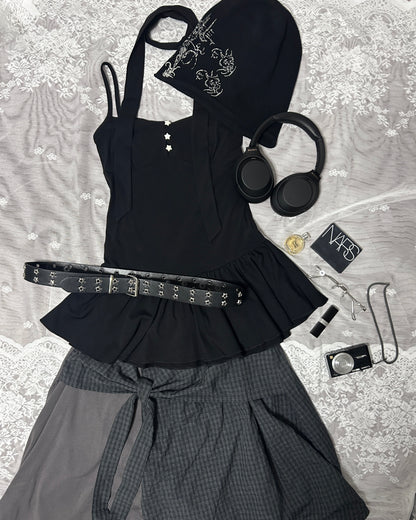 不對稱拼接蝴蝶結系腰中裙 Asymmetric Patchwork Bow Midi Skirt