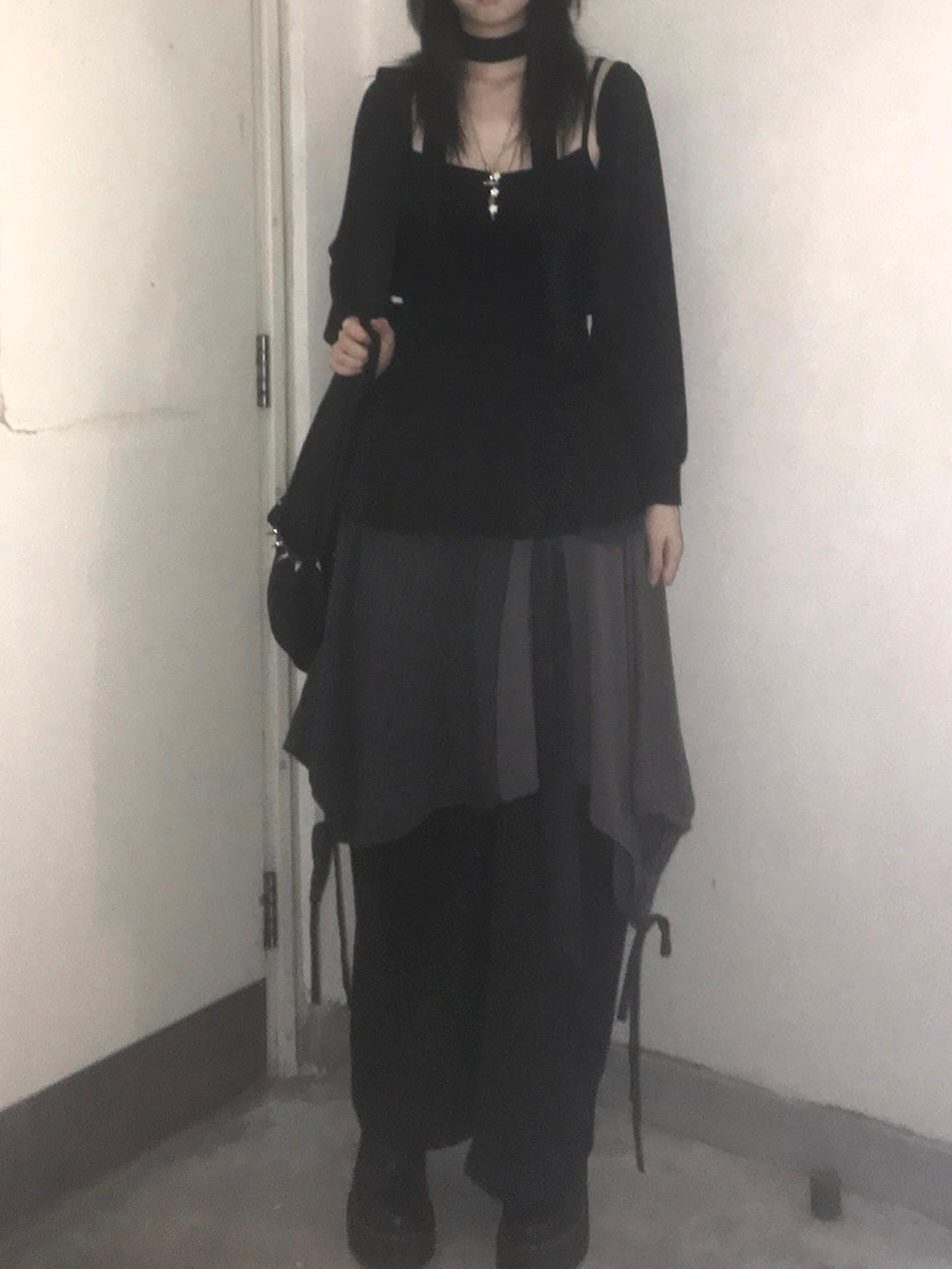 不對稱拼接蝴蝶結系腰中裙 Asymmetric Patchwork Bow Midi Skirt