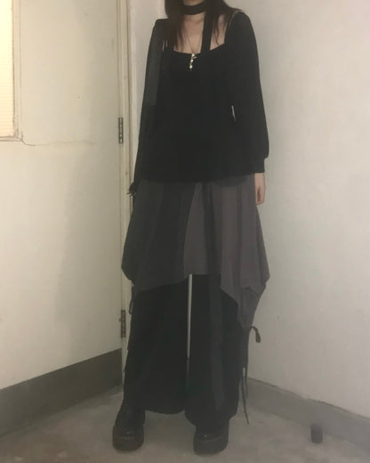 不對稱拼接蝴蝶結系腰中裙 Asymmetric Patchwork Bow Midi Skirt