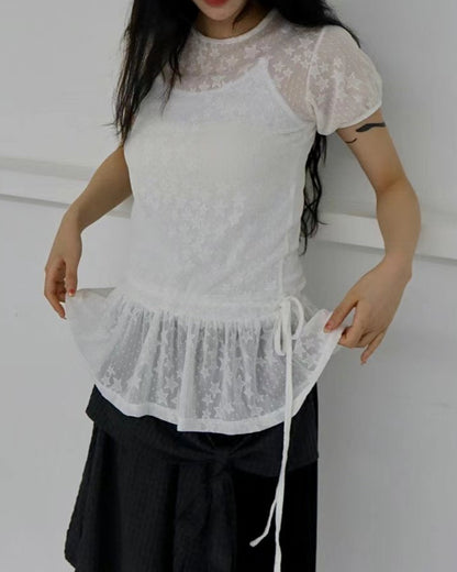 星星蕾絲透膚短袖罩衣 Star Lace Sheer Short Sleeve Top