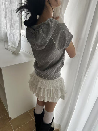 波點拉鍊連帽短袖 Polka Dot Zip-up Short Sleeve Hoodie