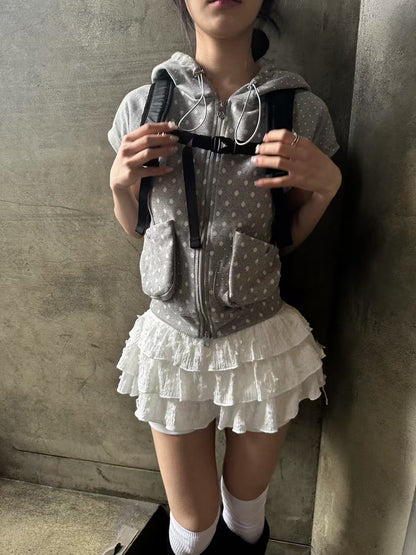 波點拉鍊連帽短袖 Polka Dot Zip-up Short Sleeve Hoodie