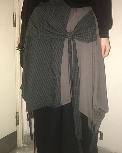 不對稱拼接蝴蝶結系腰中裙 Asymmetric Patchwork Bow Midi Skirt