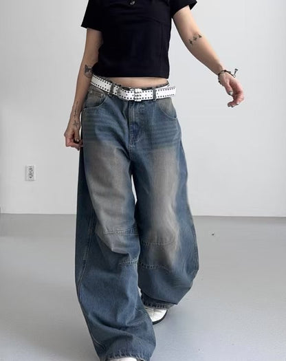 【Unisex】低腰水洗牛仔寬褲 Low-rise Washed Denim Wide pants