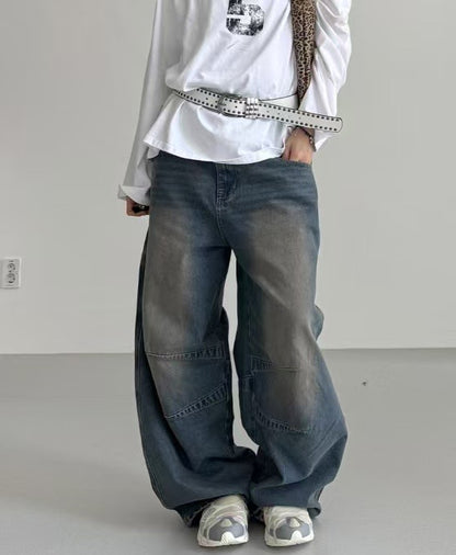 【Unisex】低腰水洗牛仔寬褲 Low-rise Washed Denim Wide pants