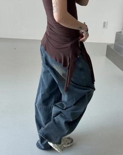 【Unisex】低腰水洗牛仔寬褲 Low-rise Washed Denim Wide pants