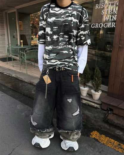 【Unisex】迷彩拼接牛仔寬褲 Camouflage Patchwork Denim Wide Pants