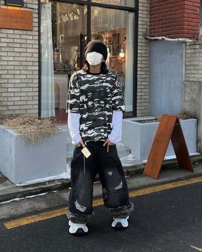 【Unisex】迷彩拼接牛仔寬褲 Camouflage Patchwork Denim Wide Pants
