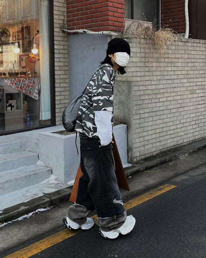 【Unisex】迷彩拼接牛仔寬褲 Camouflage Patchwork Denim Wide Pants